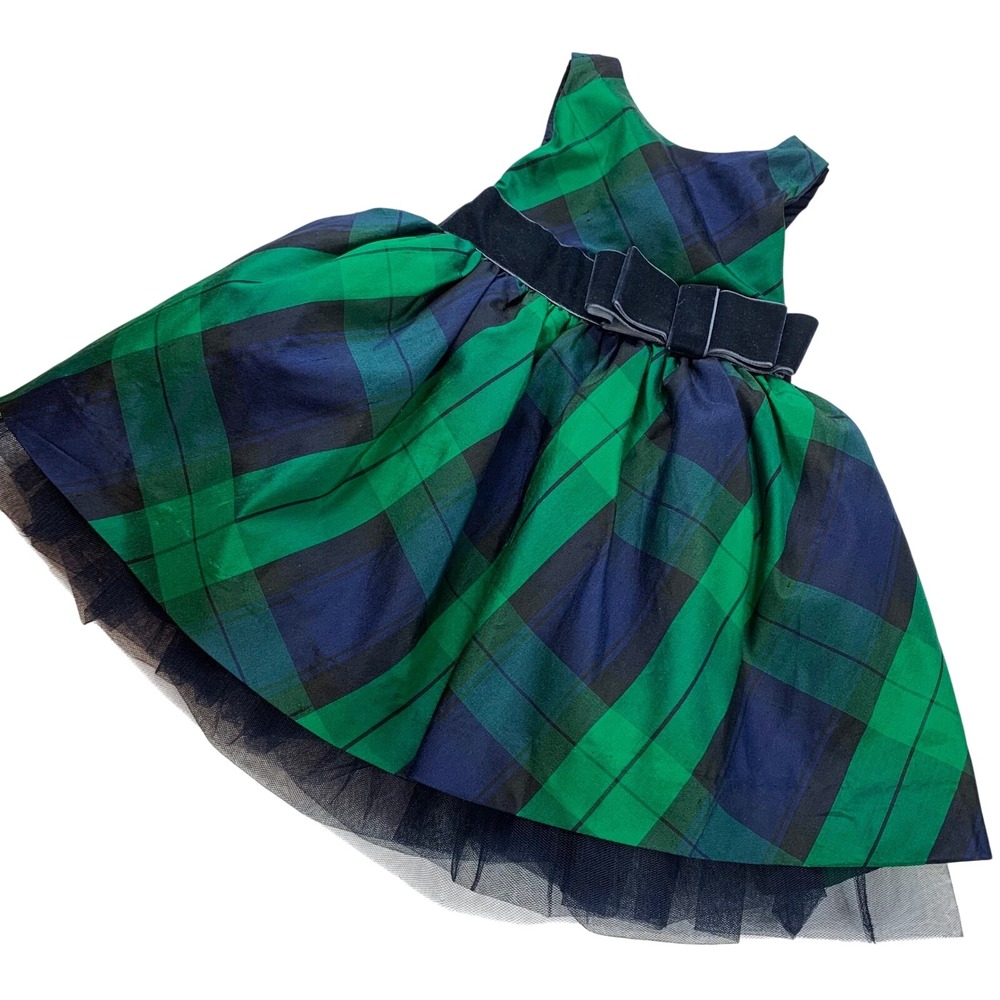 Janie and Jack Girls Green Navy Blue Plaid‎ Silk Blend Tulle Party Dress 3-6M
